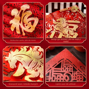 Autocolant pentru ușă cu binecuvântarea Anului Calului, 3D din material flokat, bază autoadezivă, stil chinezesc pentru festivalul primăverii