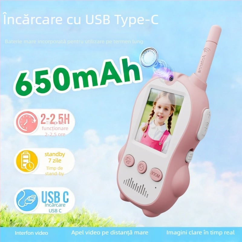 Walkie-Talkie vizual pentru copii – Unitate completă, Model Small Animal Walkie-Talkie, Gama până la 1,5 km, Baterie Li-Ion 650 mAh, Ecran