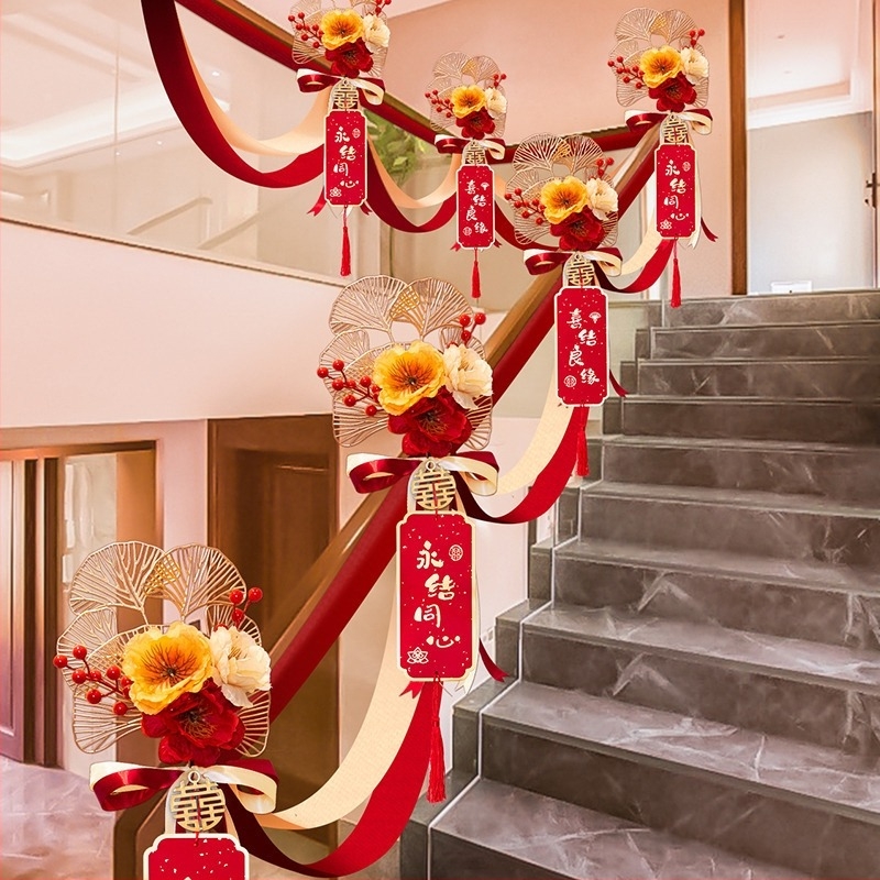 Decorațiune pentru balustrada scării de nuntă, cu flori artificiale și panglică, brand Guangzhou Jiaer, material: flori artificiale, tip material: panglică, categorie: accesorii pentru amenajare locație, potrivită pentru nunți