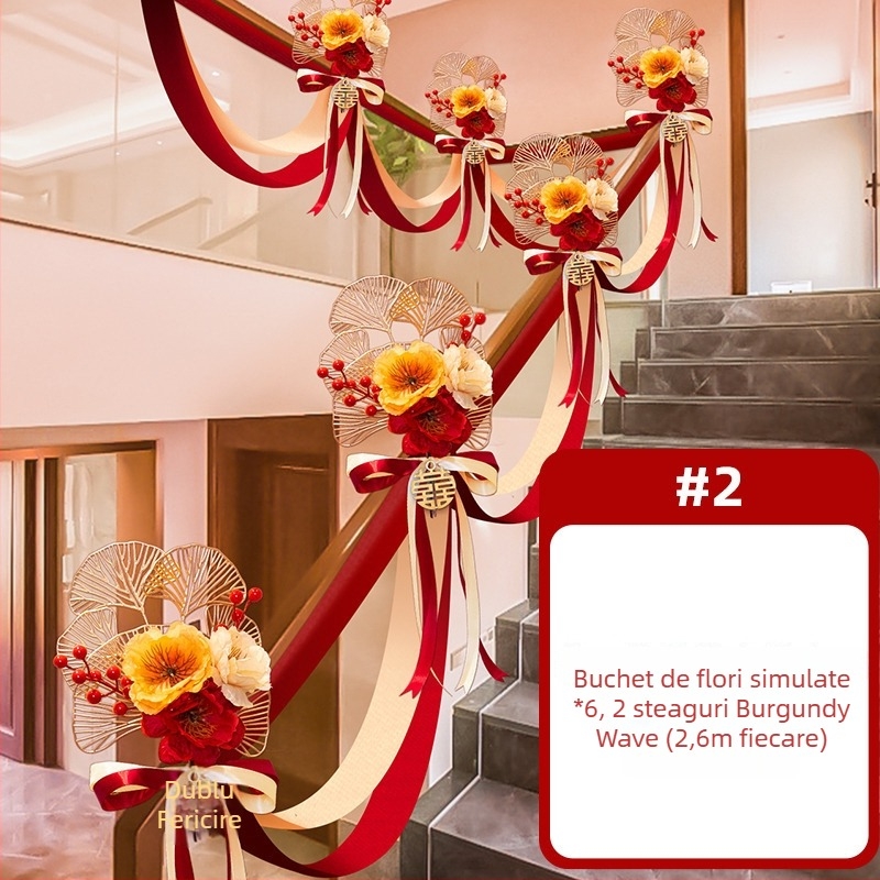 Decorațiune pentru balustrada scării de nuntă, cu flori artificiale și panglică, brand Guangzhou Jiaer, material: flori artificiale, tip material: panglică, categorie: accesorii pentru amenajare locație, potrivită pentru nunți