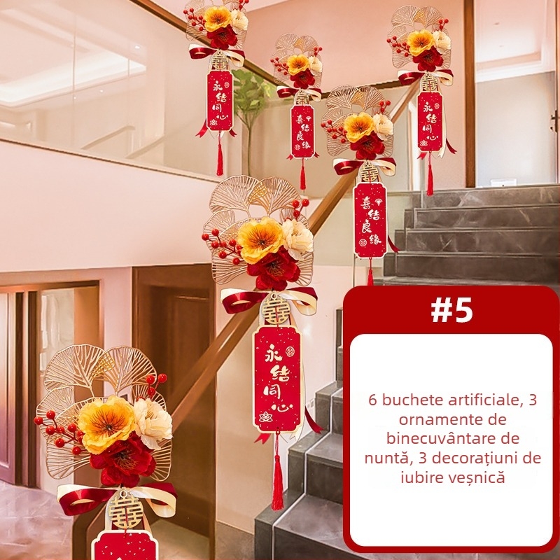 Decorațiune pentru balustrada scării de nuntă, cu flori artificiale și panglică, brand Guangzhou Jiaer, material: flori artificiale, tip material: panglică, categorie: accesorii pentru amenajare locație, potrivită pentru nunți