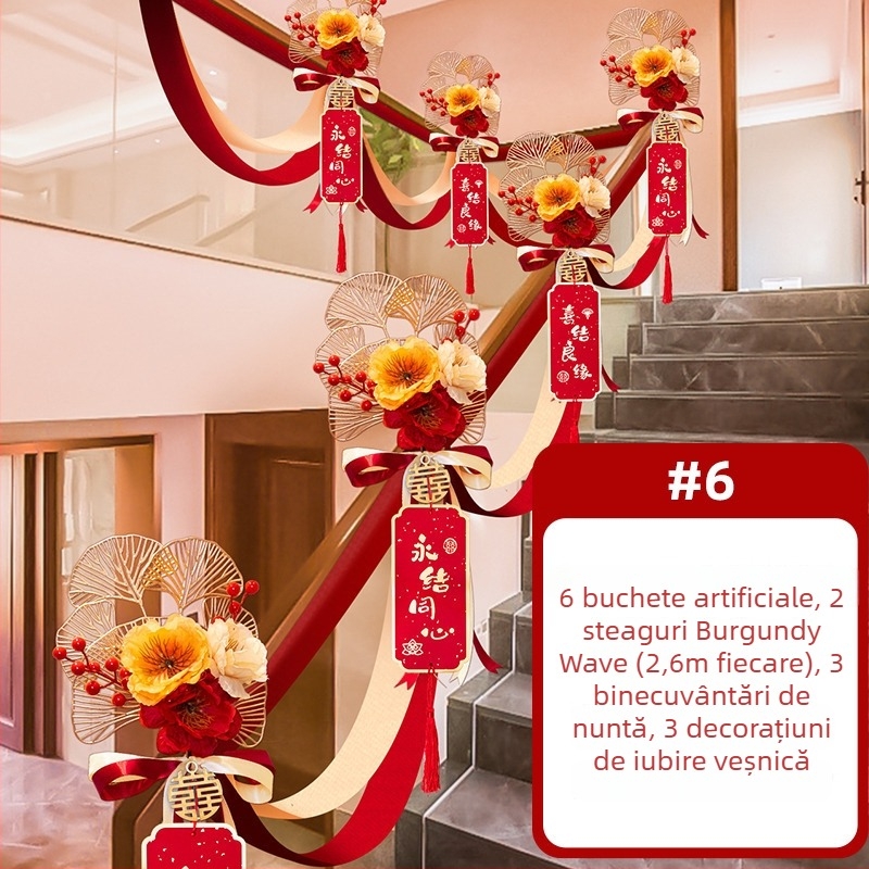Decorațiune pentru balustrada scării de nuntă, cu flori artificiale și panglică, brand Guangzhou Jiaer, material: flori artificiale, tip material: panglică, categorie: accesorii pentru amenajare locație, potrivită pentru nunți