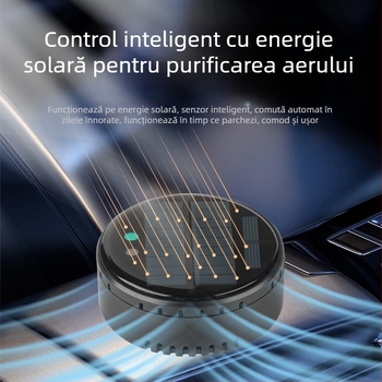 Purificator de aer pentru mașină și casă, alimentare solară, tehnologie cu ioni pentru eliminarea mirosurilor și a formaldehydei, dezinfectare, funcționare silențioasă sub 36 dB, debit de aer 50 m3/h, control inteligent
