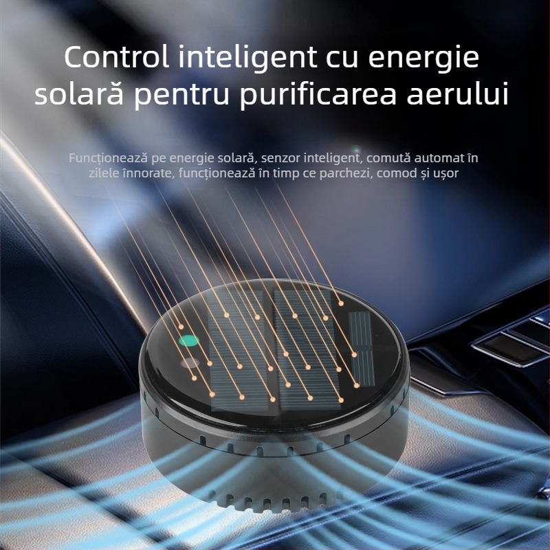 Purificator de aer pentru mașină și casă, alimentare solară, tehnologie cu ioni pentru eliminarea mirosurilor și a formaldehydei, dezinfectare, funcționare silențioasă sub 36 dB, debit de aer 50 m3/h, control inteligent