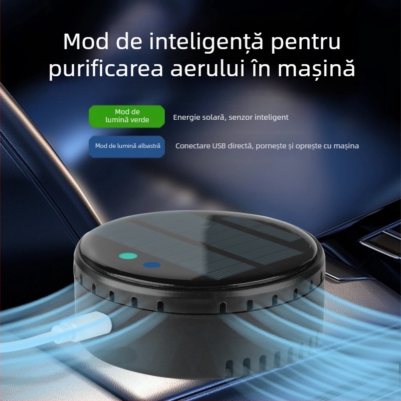 Purificator de aer pentru mașină și casă, alimentare solară, tehnologie cu ioni pentru eliminarea mirosurilor și a formaldehydei, dezinfectare, funcționare silențioasă sub 36 dB, debit de aer 50 m3/h, control inteligent