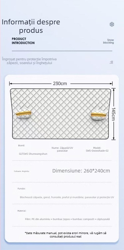 Protecție solară parbriz auto, folie de aluminiu cu dublu strat, universală, greutate 500 g, montaj încorporat