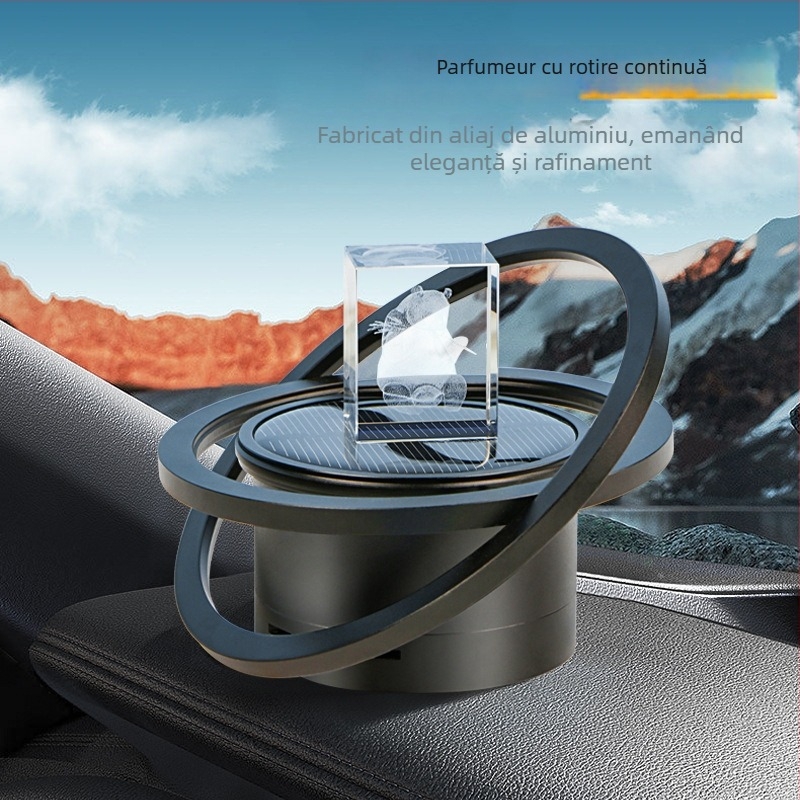 Ornament aromatizant auto cu alimentare solară, rotire lentă, difuzor în mașină, corp metalic (Material: aliaj pur de aluminiu; Alimentare: solar; Rotire: lentă; Conținut net: <5 mL; Durata difuziei: >90 de zile)