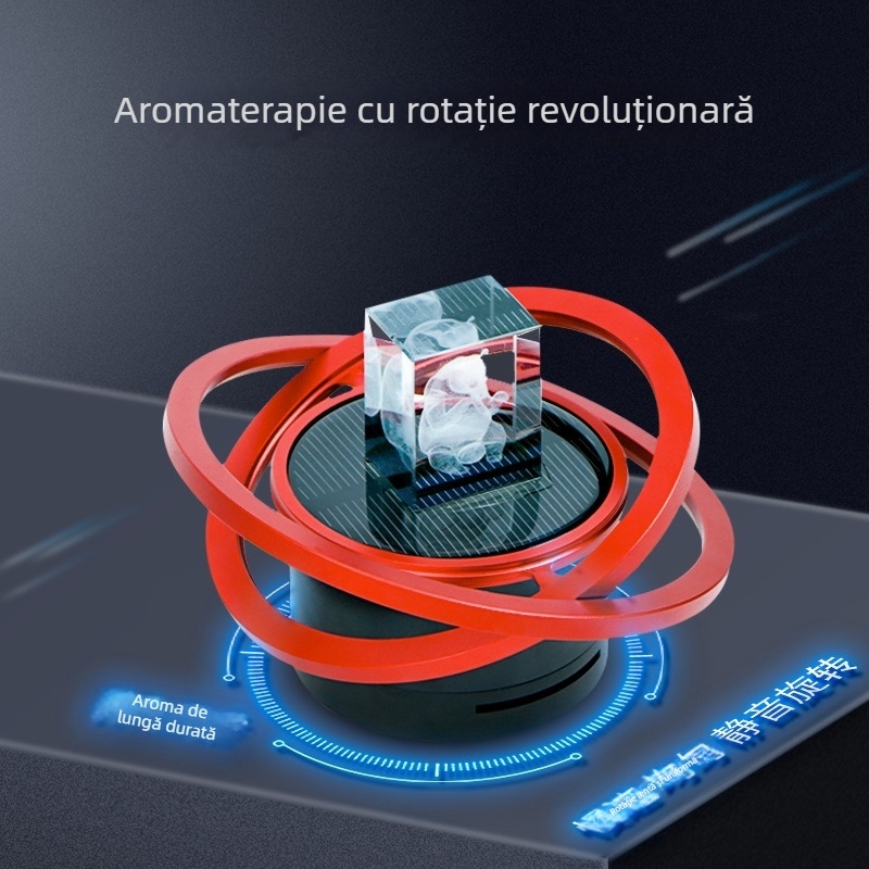 Ornament aromatizant auto cu alimentare solară, rotire lentă, difuzor în mașină, corp metalic (Material: aliaj pur de aluminiu; Alimentare: solar; Rotire: lentă; Conținut net: <5 mL; Durata difuziei: >90 de zile)