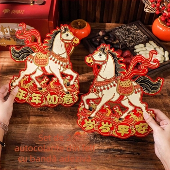Autocolant de ușă cu binecuvântare pentru Anul Calului, 2026, decor 3D pentru ușă/perete, textil flocat, ștampilare la cald, Yu qixuan
