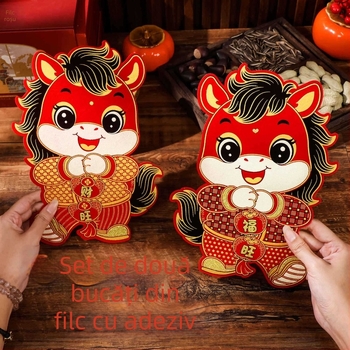 Autocolant de ușă cu binecuvântare pentru Anul Calului, 2026, decor 3D pentru ușă/perete, textil flocat, ștampilare la cald, Yu qixuan