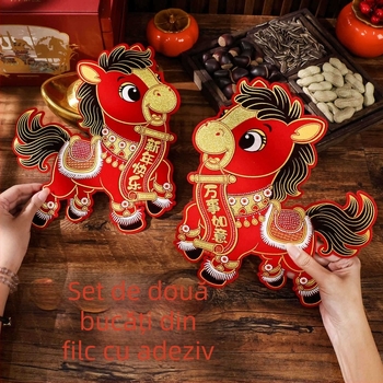 Autocolant de ușă cu binecuvântare pentru Anul Calului, 2026, decor 3D pentru ușă/perete, textil flocat, ștampilare la cald, Yu qixuan