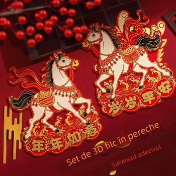 Autocolant de ușă cu binecuvântare pentru Anul Calului, 2026, decor 3D pentru ușă/perete, textil flocat, ștampilare la cald, Yu qixuan