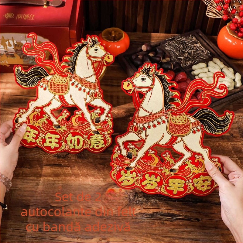 Autocolant de ușă cu binecuvântare pentru Anul Calului, 2026, decor 3D pentru ușă/perete, textil flocat, ștampilare la cald, Yu qixuan