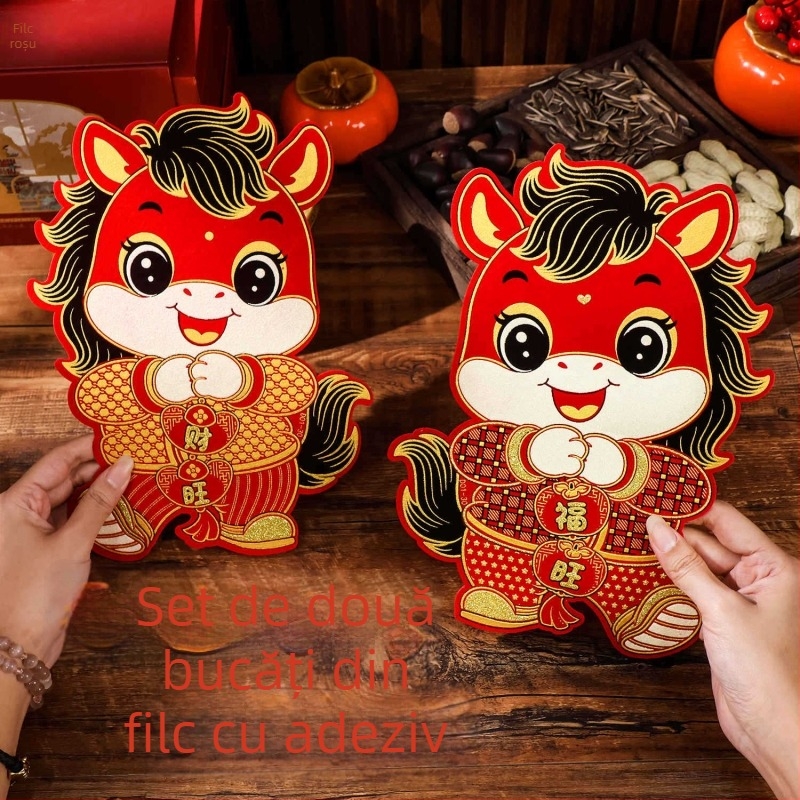 Autocolant de ușă cu binecuvântare pentru Anul Calului, 2026, decor 3D pentru ușă/perete, textil flocat, ștampilare la cald, Yu qixuan