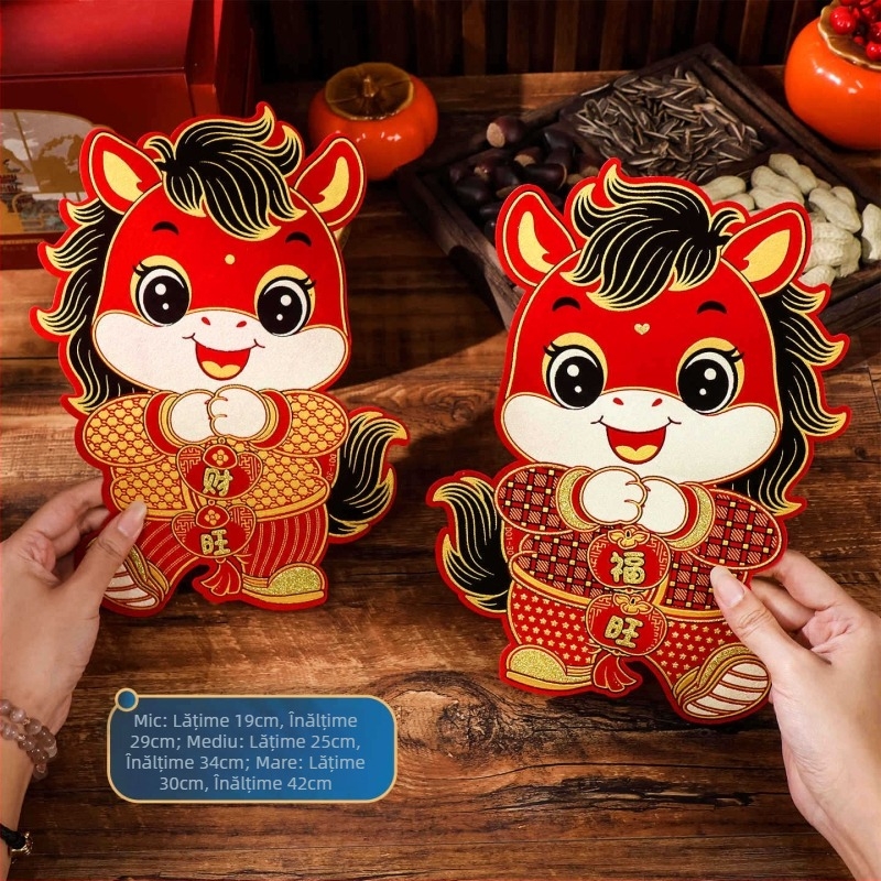 Autocolant de ușă cu binecuvântare pentru Anul Calului, 2026, decor 3D pentru ușă/perete, textil flocat, ștampilare la cald, Yu qixuan