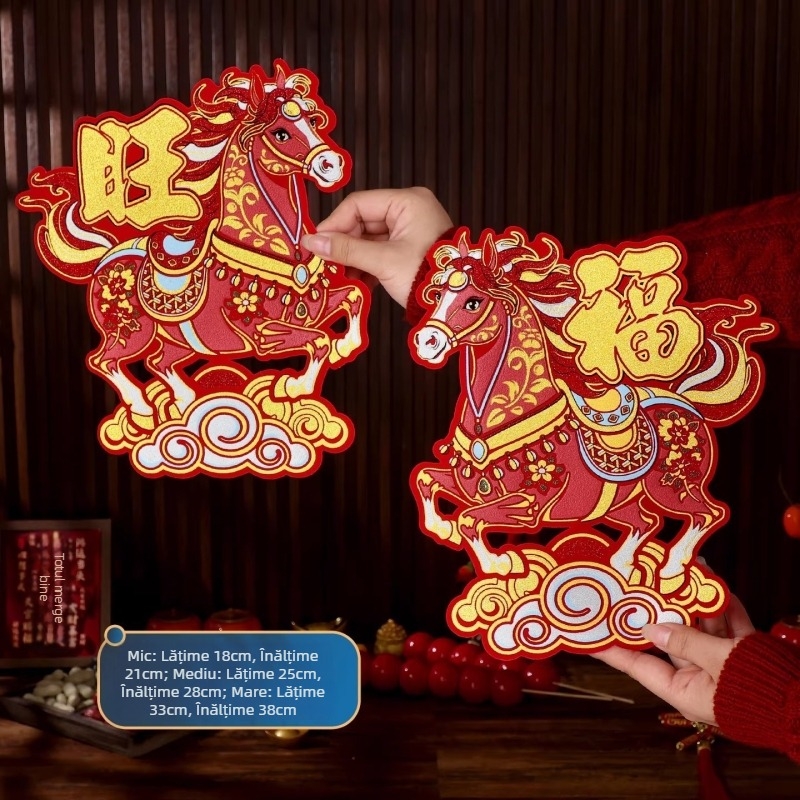 Autocolant de ușă cu binecuvântare pentru Anul Calului, 2026, decor 3D pentru ușă/perete, textil flocat, ștampilare la cald, Yu qixuan