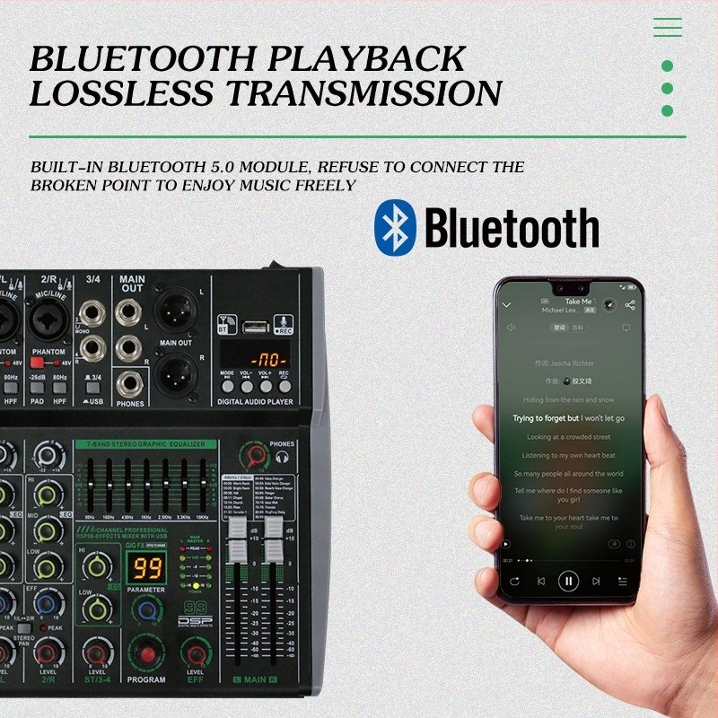 Mixer cu 8 canale, DSP încorporat 99, egalizator pe 7 benzi, Bluetooth și înregistrare MP3 internă