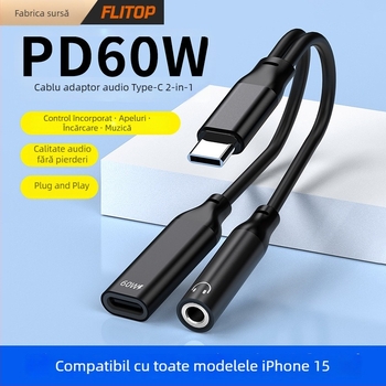 FLITOP adaptor audio USB-C la 3,5 mm, model C-to-C+3.5, compatibil cu Samsung, Huawei, Apple iPhone 15 și alte dispozitive USB-C