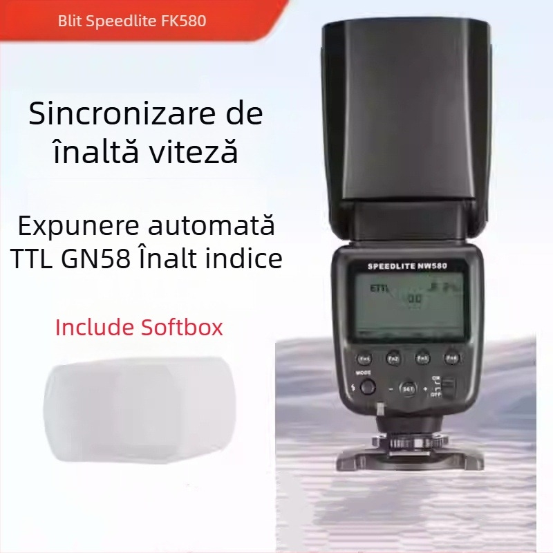 Stanard FK580 bliț DSLR TTL cu cap de zoom, încărcare 2-5 kg, greutate 0,4 kg, garanție; inclus: bliț, husă, bază micro, manual de utilizare