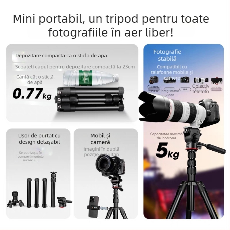Trepied pentru cameră cu gimbal hidraulic, din aliaj de aluminiu, capacitate de încărcare 2–5 kg, greutate 1,16 kg, placă cu eliberare rapidă