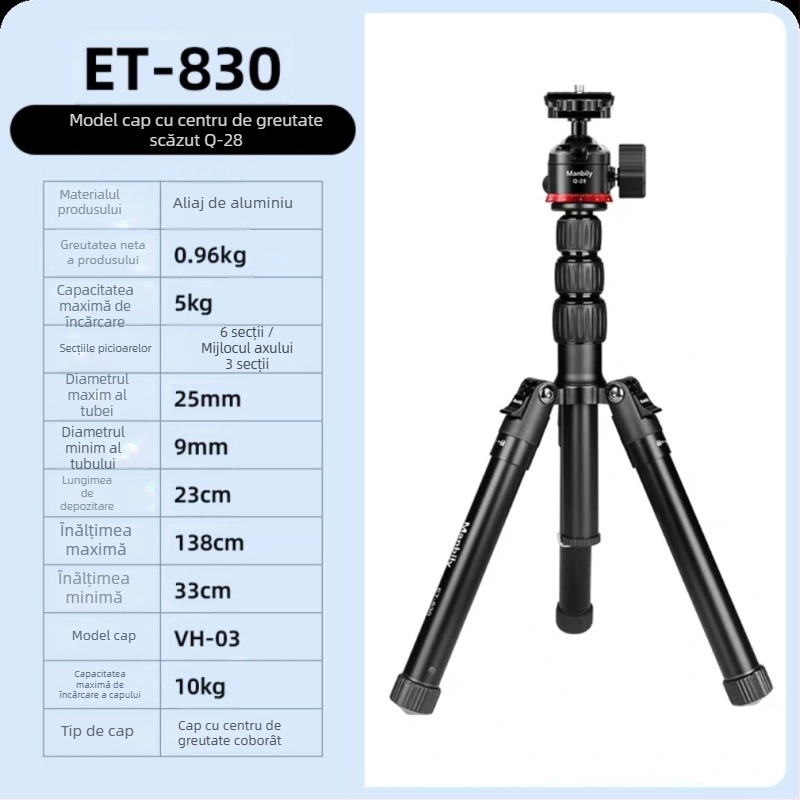 Trepied pentru cameră cu gimbal hidraulic, din aliaj de aluminiu, capacitate de încărcare 2–5 kg, greutate 1,16 kg, placă cu eliberare rapidă