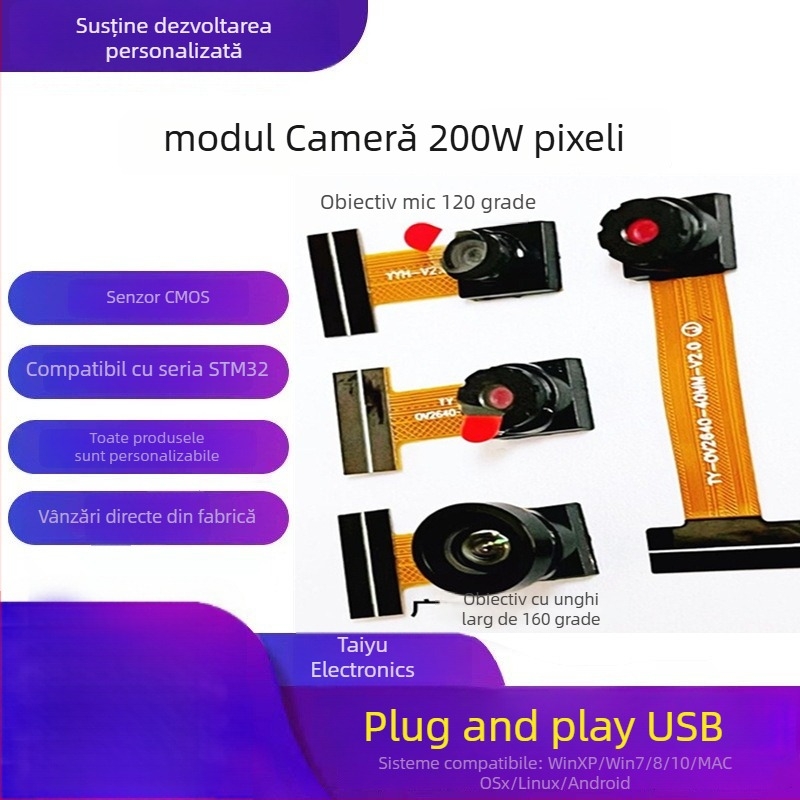 Modul Cameră OV2640 cu senzor CMOS de 2 MP, interfață DVP, ESP32 MCU, obiectiv 65°/160°, rezoluție 1280x720 la 45fps