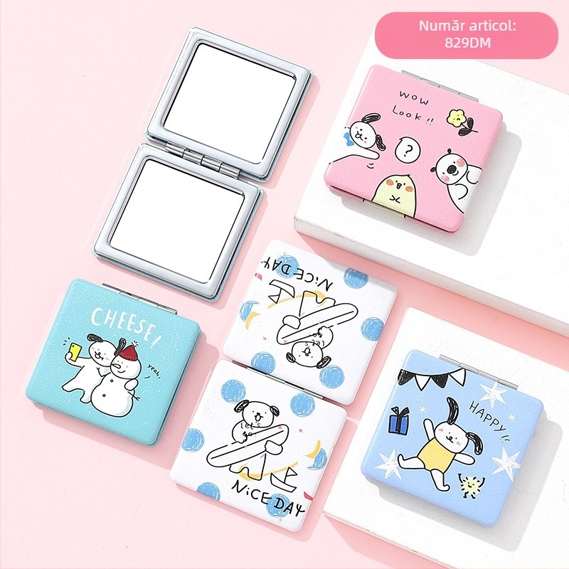 Oglindă de machiaj, cu două fețe, pliabilă, portabilă, cu ramă metalică și oglindă din aluminiu