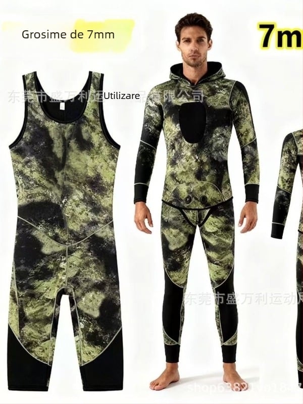 Combinezon neopren 7mm cu glugă, 2 piese, camuflaj, pentru scufundări și sporturi acvatice, unisex adulți