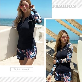 Costum de baie pentru femei cu mâneci lungi și pantaloni despărțiți — protecție solară, respirabil, poliester brokat, pentru scufundări și snorkeling