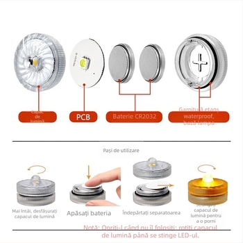 Lampă LED subacvatică pentru acvariu cu comutator rotativ, IP68, QS3020, intrare 6V, LED, baterii CR2032 x2