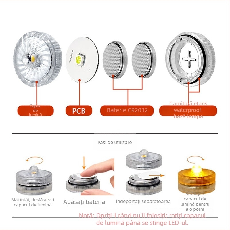 Lampă LED subacvatică pentru acvariu cu comutator rotativ, IP68, QS3020, intrare 6V, LED, baterii CR2032 x2