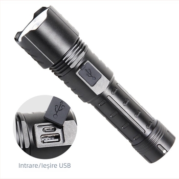 Lanterna LED cu încărcare USB, corp din aliaj de aluminiu, baterie de 3000 mAh, LED, rază peste 500 de metri