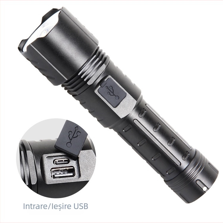 Lanterna LED cu încărcare USB, corp din aliaj de aluminiu, baterie de 3000 mAh, LED, rază peste 500 de metri