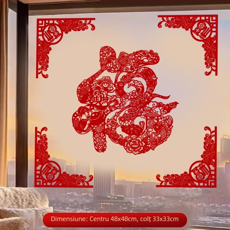 Stickers pentru ferestre Anul Calului 2026 cu cuvinte de binecuvântare | Material: țesătură flokată; Ambalaj: pungă OPP; Brand: Hong Kong qi