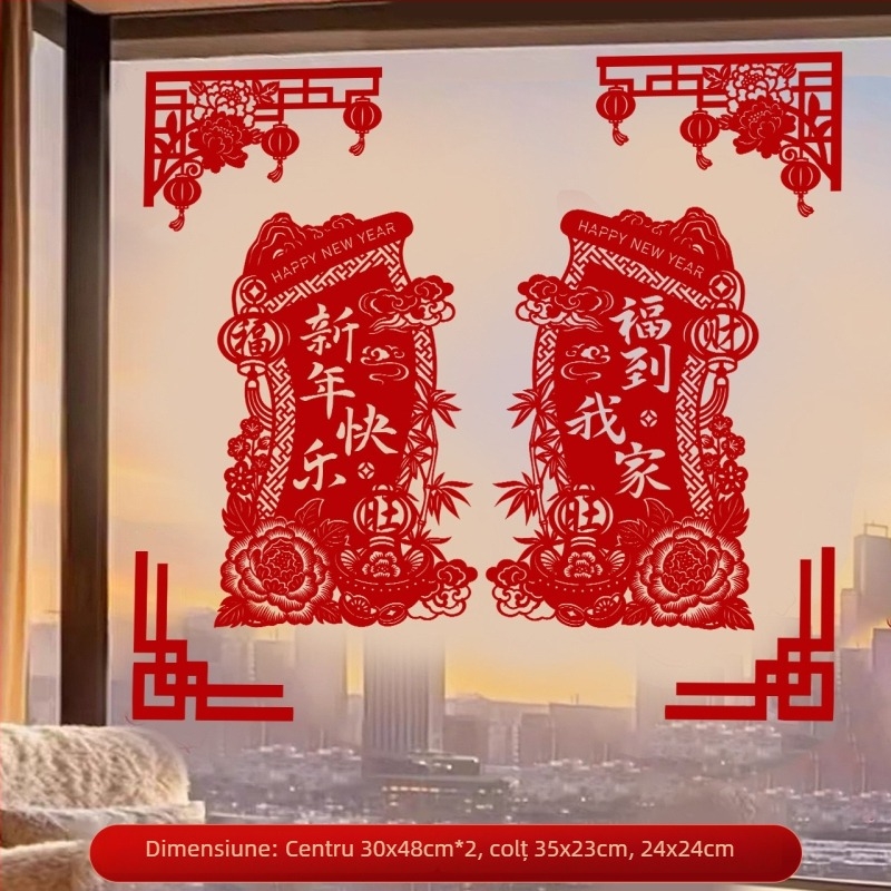 Stickers pentru ferestre Anul Calului 2026 cu cuvinte de binecuvântare | Material: țesătură flokată; Ambalaj: pungă OPP; Brand: Hong Kong qi