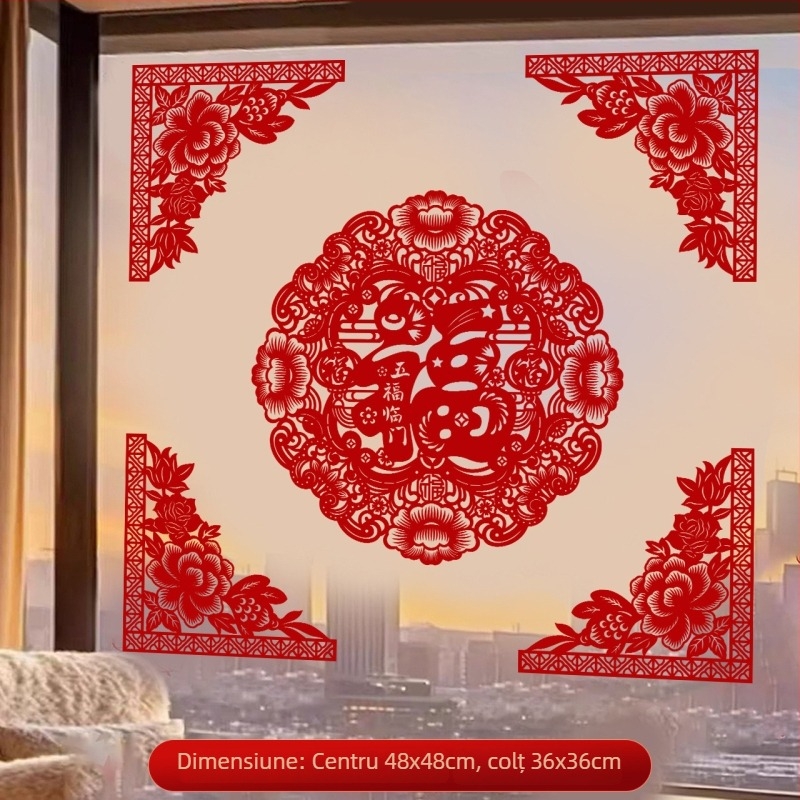 Stickers pentru ferestre Anul Calului 2026 cu cuvinte de binecuvântare | Material: țesătură flokată; Ambalaj: pungă OPP; Brand: Hong Kong qi
