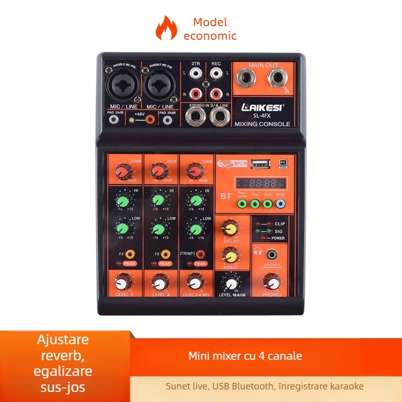 Mixer audio Bluetooth USB cu 4 canale, pentru scenă și difuzare live