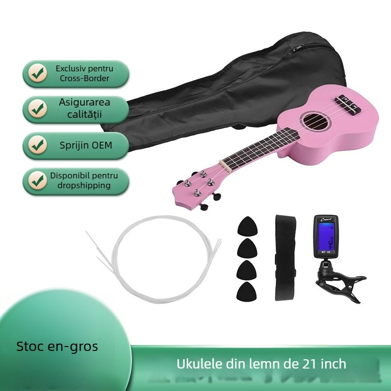 Ukulele acustică pentru începători, lemn masiv, cu tuner, instrument muzical compact