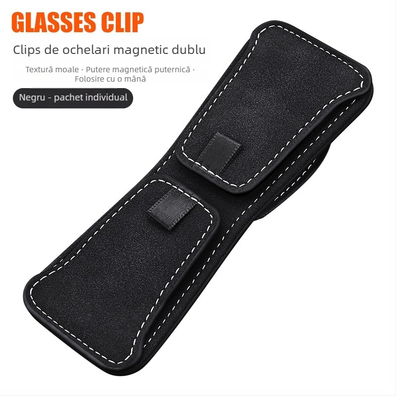 Clip pentru ochelari auto din velur PU, prindere magnetică, clip dublu pentru parasolar și interiorul mașinii, suport pentru ID