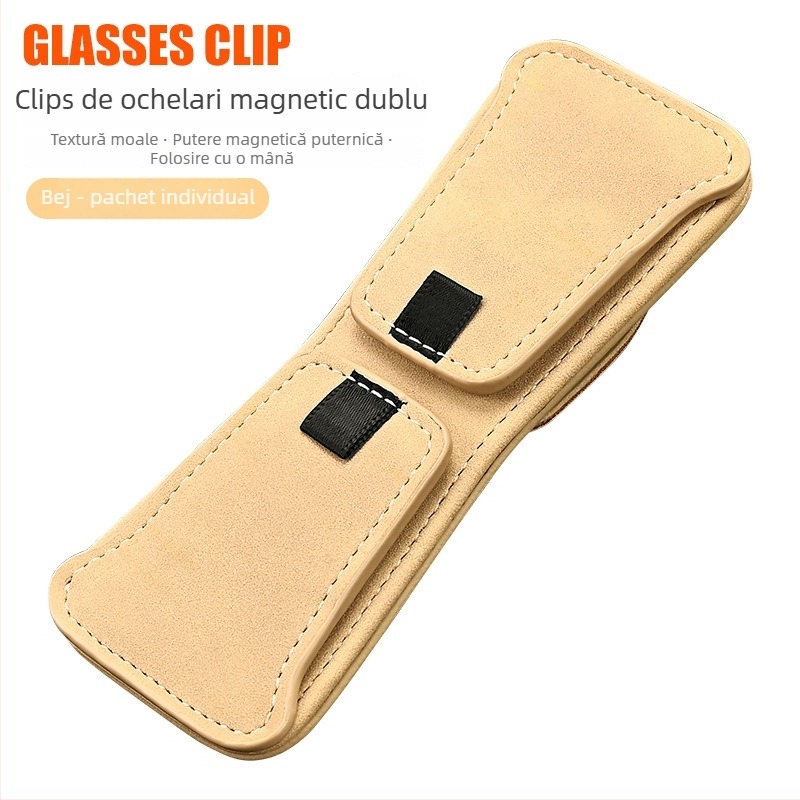 Clip pentru ochelari auto din velur PU, prindere magnetică, clip dublu pentru parasolar și interiorul mașinii, suport pentru ID