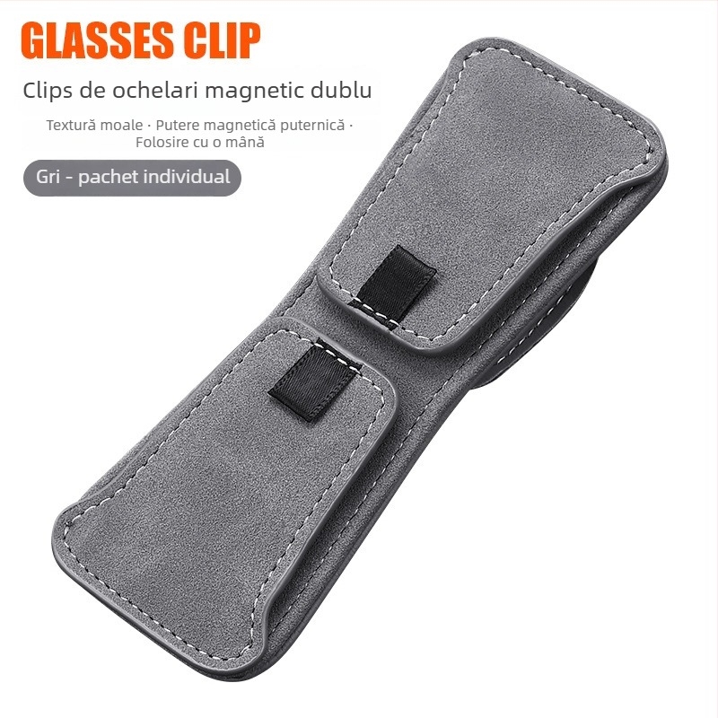Clip pentru ochelari auto din velur PU, prindere magnetică, clip dublu pentru parasolar și interiorul mașinii, suport pentru ID