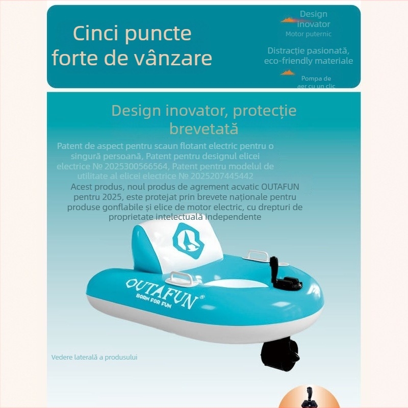 Plută electrică gonflabilă pentru o persoană cu propulsor rotativ — PVC ecologic, încărcare 180–200 kg, outafun