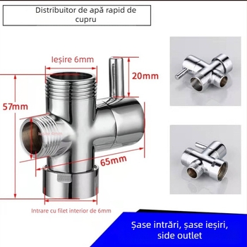 Distribuitor de duș din cupru - 1 intrare, 2 ieșiri, cuplaj universal 4/6, flux mare, accesorii duș cu trei căi