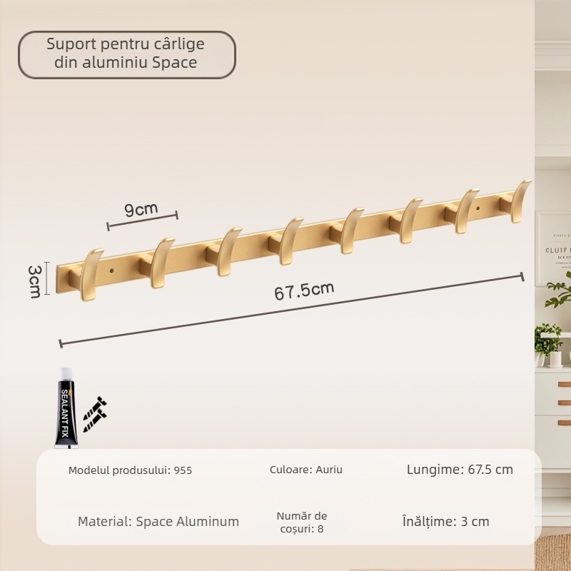 Cuier de perete pentru baie și hol, model 955, material aluminiu spațial, finisaj electroplacat, stil modern minimalist