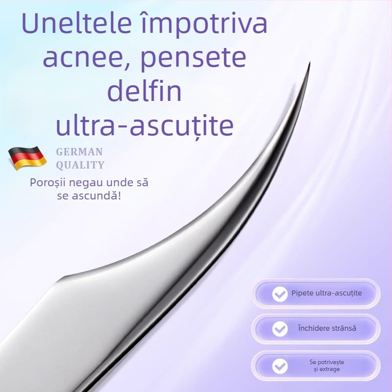 Instrument profesional de salon de înfrumusețare din oțel inoxidabil: clemă pentru acnee tip celulă, design delfin, origine Yangjiang, 5 ani de valabilitate