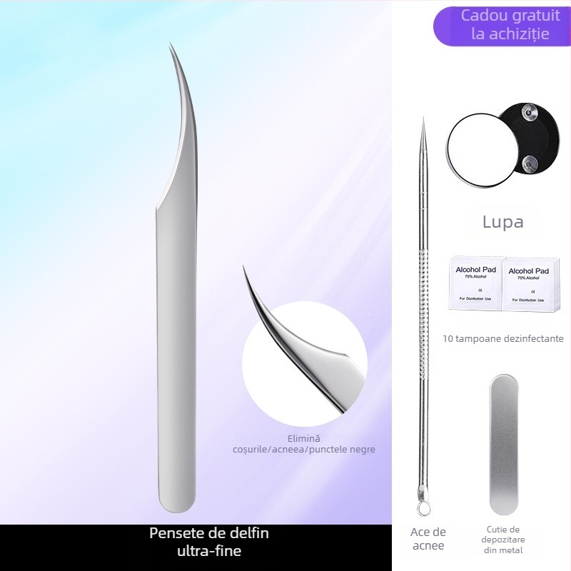 Instrument profesional de salon de înfrumusețare din oțel inoxidabil: clemă pentru acnee tip celulă, design delfin, origine Yangjiang, 5 ani de valabilitate