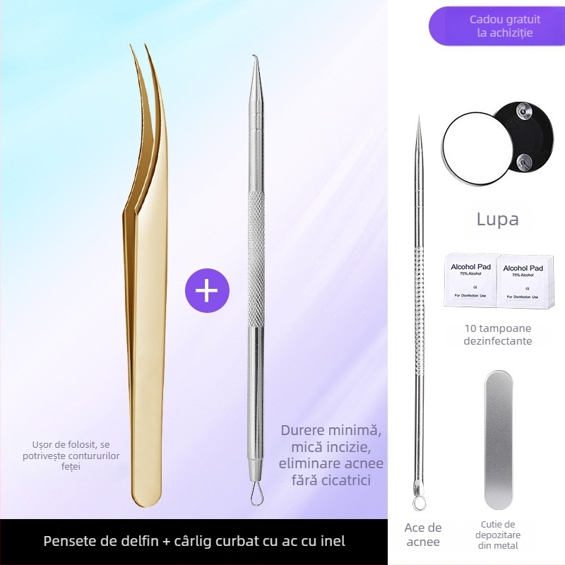 Instrument profesional de salon de înfrumusețare din oțel inoxidabil: clemă pentru acnee tip celulă, design delfin, origine Yangjiang, 5 ani de valabilitate