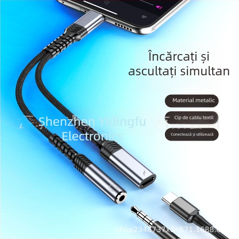 Adaptor audio Type-C la 3,5 mm, splitter cu 2 porturi, cablu 2-în-1, compatibil cu dispozitive Huawei și Apple