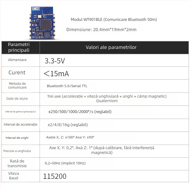 Senzor de unghi de înclinare BLE 5.0: accelerometru, giroscop, magnetometru