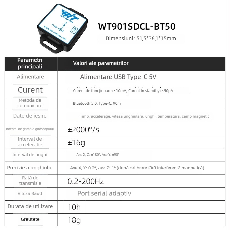 Senzor de unghi de înclinare BLE 5.0: accelerometru, giroscop, magnetometru